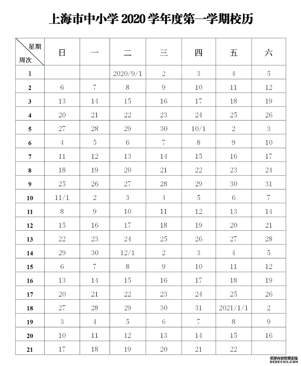 暑假已過(guò)大半，開(kāi)學(xué)還會(huì)遠(yuǎn)嗎！新學(xué)期什么時(shí)候放寒暑假，今年還有哪些節(jié)假日安排？小招已經(jīng)整理好啦！趕緊收下這份2020-2021年的新學(xué)期校歷吧~   第一學(xué)期 2020年9月1日開(kāi)學(xué)，2021年1月22日結(jié)束 全學(xué)期共21周 寒假?gòu)?021年1月23日開(kāi)始，2月21日結(jié)束     第二學(xué)期 2021年2月22日開(kāi)學(xué)，6月30日結(jié)束 全學(xué)期共19周 暑假?gòu)?月1日開(kāi)始，8月31日結(jié)束   ◆ ◆ ◆  ◆ ◆  兩個(gè)月的暑假就快結(jié)束啦 今年再要有小長(zhǎng)假的話 就要等到中秋和國(guó)慶啦 此處插播一個(gè)壞消息 今年中秋和國(guó)慶在同一天 元旦之前只有一個(gè)長(zhǎng)假啦    中秋節(jié)、國(guó)慶節(jié) 10月1-8日放假調(diào)休，共八天 9月27日（周日）、10月10日（周六）上班    最后，小編編還要提醒一句 暑假余額不足！ 寶寶們作業(yè)要抓緊了哦！